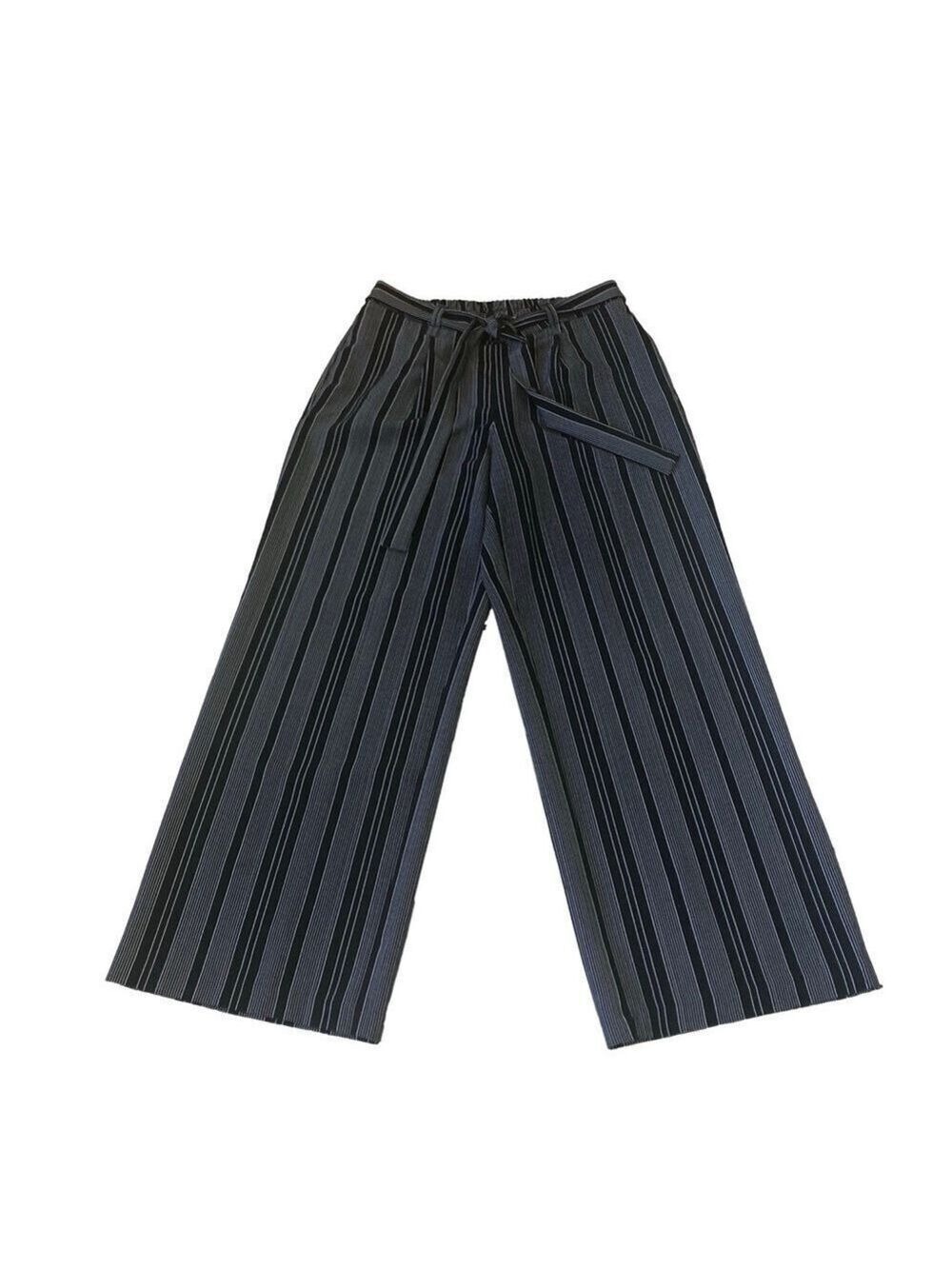 Adrienne Vittadini Size 12 striped wide leg pull on slacks self belt black white